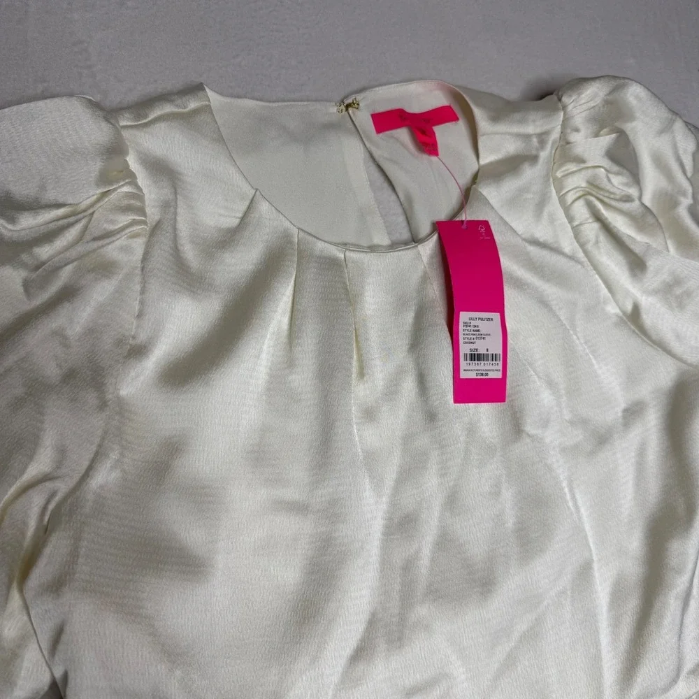 NWT Lilly Pulitzer Satin Elbow Puff Sleeve Blouse Women 8 Ivory Blakelynn Peplum